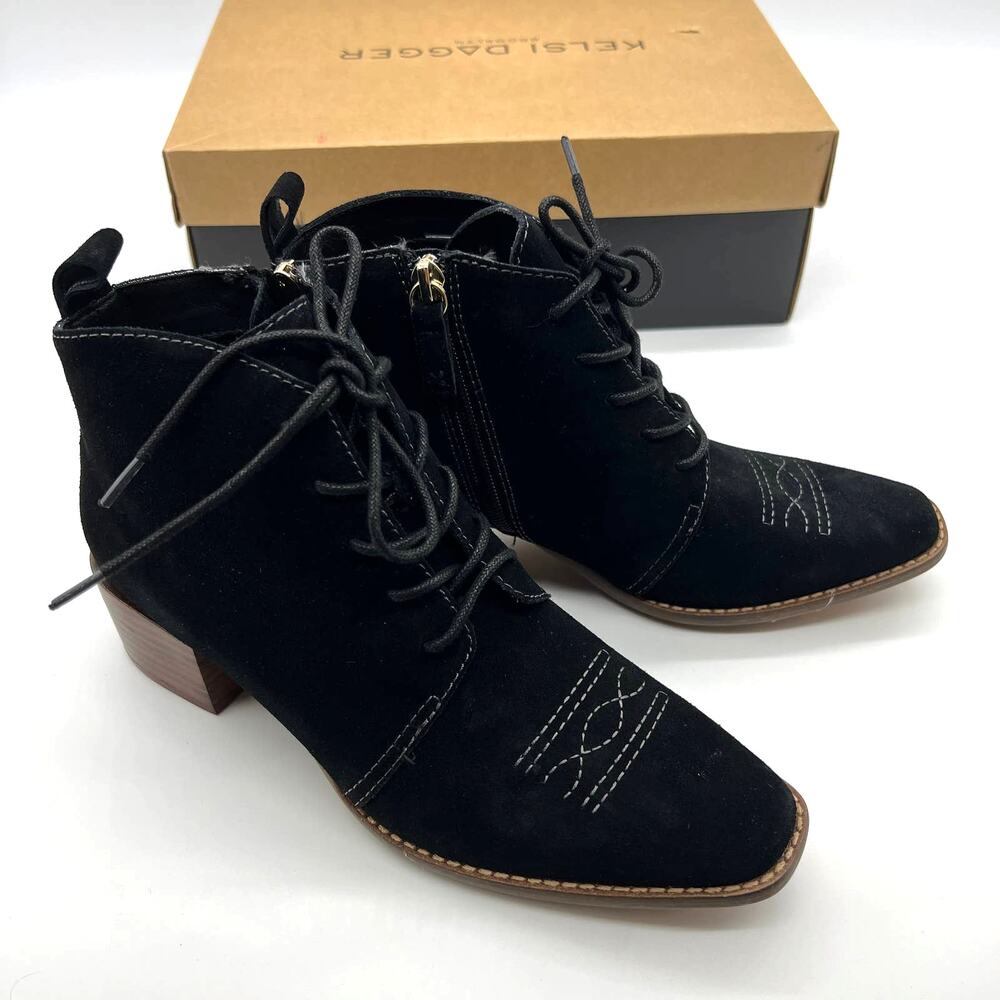 Kelsi Dagger Brooklyn Suede Lace Up Ankle Boot Womens Black Heel Size 6.5 M